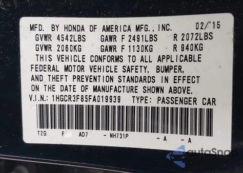 2015 Honda Accord Ex-L V-6 из США, поврежденный, VIN 1HGCR3F85FA019939